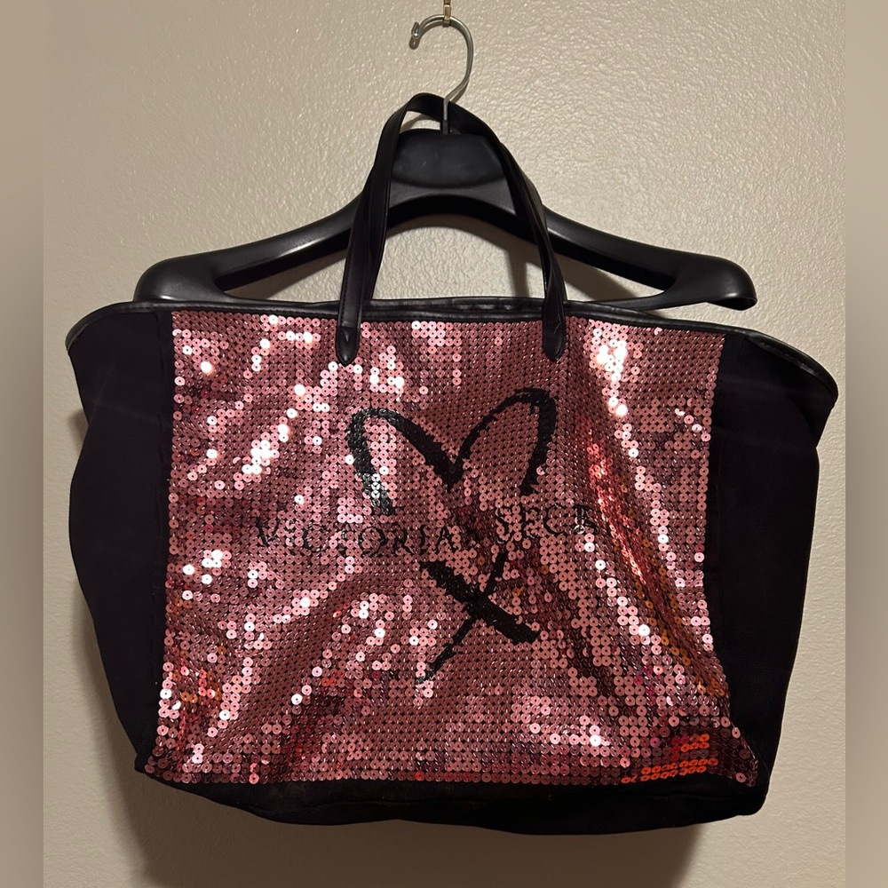 Victoria's Secret Pink and Black Tote Bag w/ sequence- - Picture 1 of 9